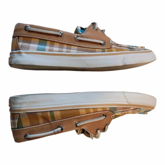 Sperry Top Sider Bahama Boat Shoe Womens Size 7 Brown Camel Plaid Canvas Slip On - Picture 7 of 14